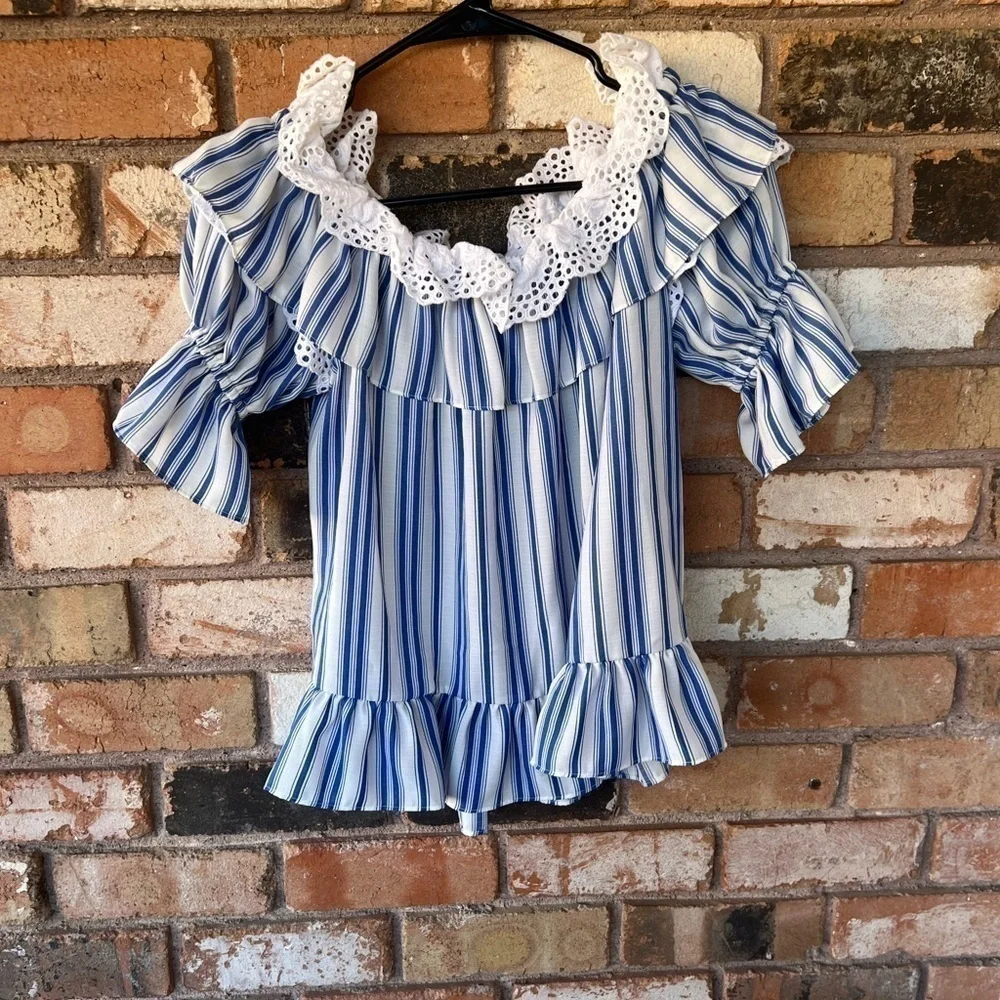 MISA Los Angeles linen off the shoulder Stripe Agot Top in Blue
